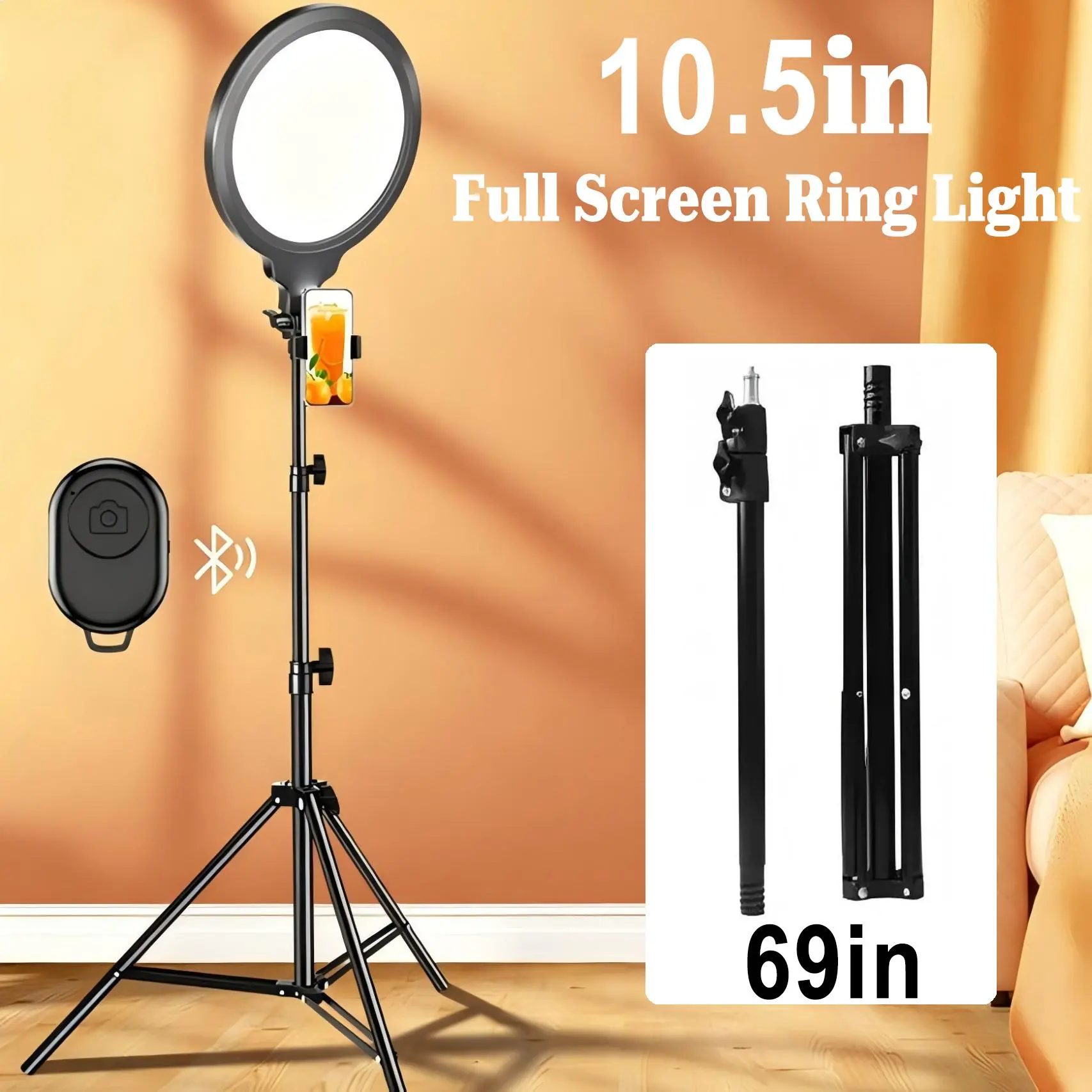 10.5" Ring Light with 69" Tripod Stand and Phone Holder Kit, Full-Screen Zoom Lighting for Video Recording, Makeup, Live Stream, Dimmable LED Selfie Ring Light Tripod for iPhone with Remote