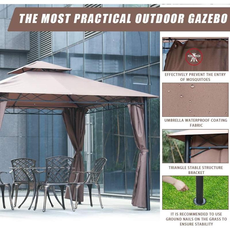 FDW 10'x13' Outdoor Patio Gazebo Heavy Duty Steel Frame Canopy with Double Roof, Privacy Curtains, for Garden, Backyard, and Lawn (Brown)