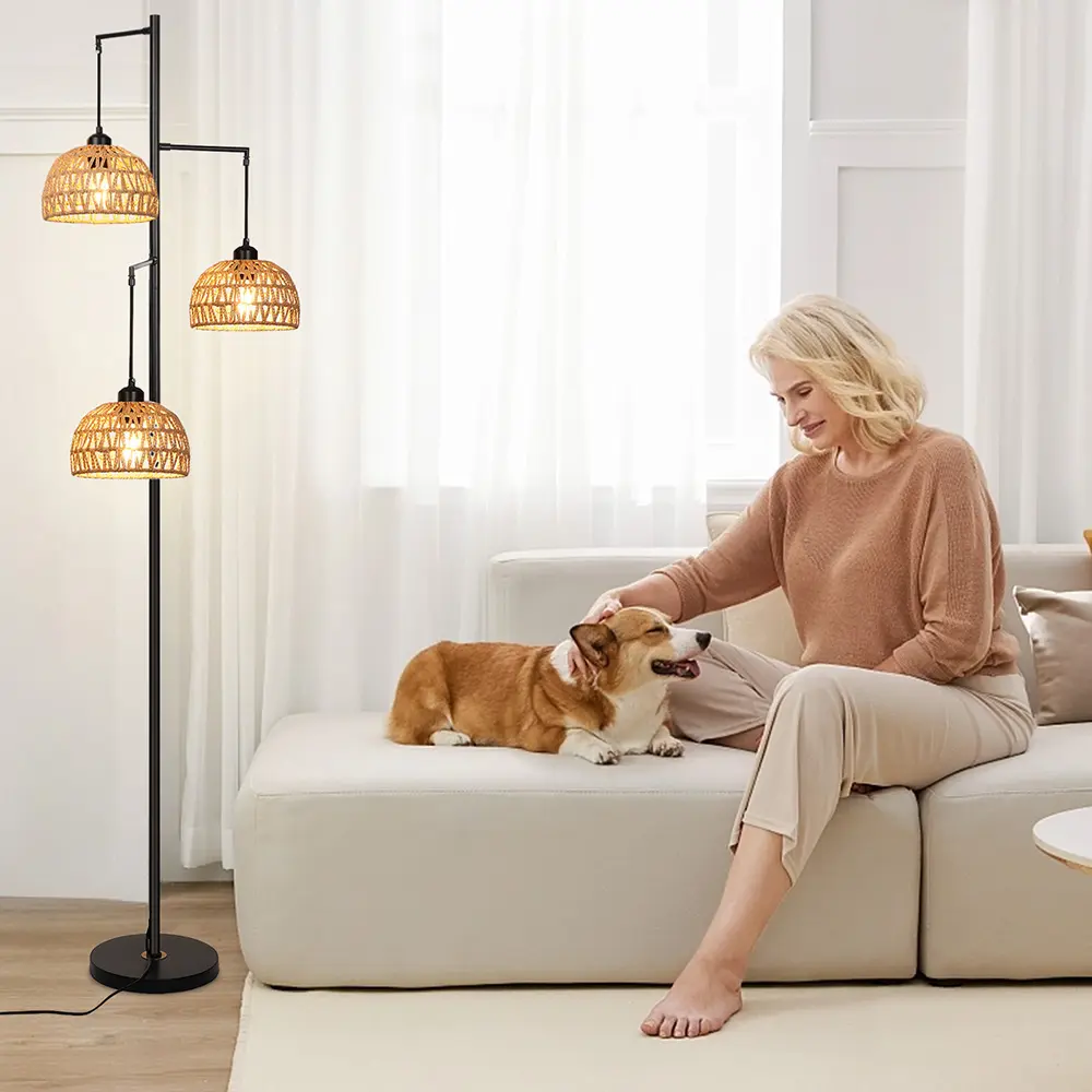 SERBASIC Bohemian Floor Lamp - Rattan & Iron 6W 3-Bulb LED Standing Lamp with Handwoven Shade, Industrial Black Farmhouse Tall Light, Customizable LED Decorative Ambient Home Lighting for Living Room, Bedroom, Customizable Led Lights