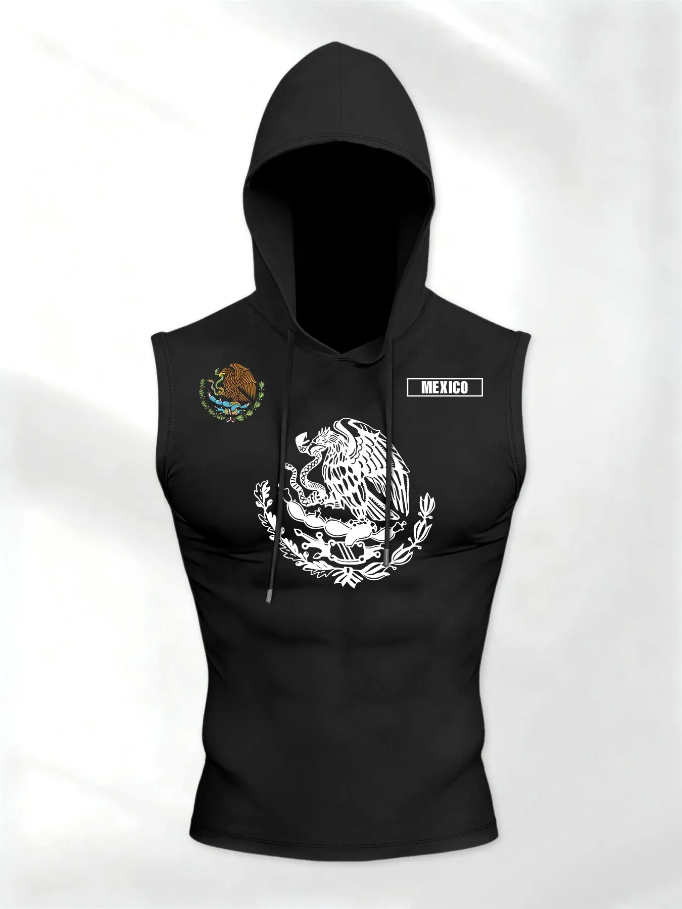 Men's Hooded Sweatshirt, Mexican Eagle Snake Cactus Letter Pattern, Fitted Gym Top, Workout Summer Clothes, Breathable Sportswear, Sleeveless, Plain Style