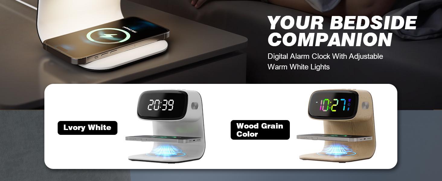 Digital alarm clock with wireless fast charging station, bedside touch smart light, 3-color night light adjustment