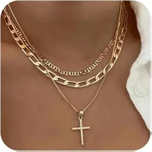 Cross Necklace for Women Stackable Layered Gold Chain CZ Diamond Pendant 14K Gold Plated Delicate Jewelry Gift Boxed Set