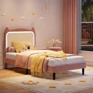 Pink Twin Upholstered LED Bed Frame with Cute Cat Headboard, Velvet Princess Platform Bed Frame with Sturdy Wood Slats Support for Girls/Kids, No Box Spring Needed