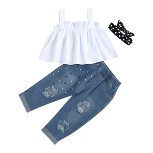 Toddler Kids Baby Girls Summer 2PCS Pants Sets White Sleeveless Cami Tops Blue Ripped Denim Pants Sets 18M-6T