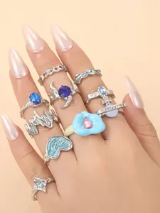 10-Piece Set High-End Diamond Rings, Unique Fluid Design, Irregular Open Cuff Combination, Women's Jewelry Collection