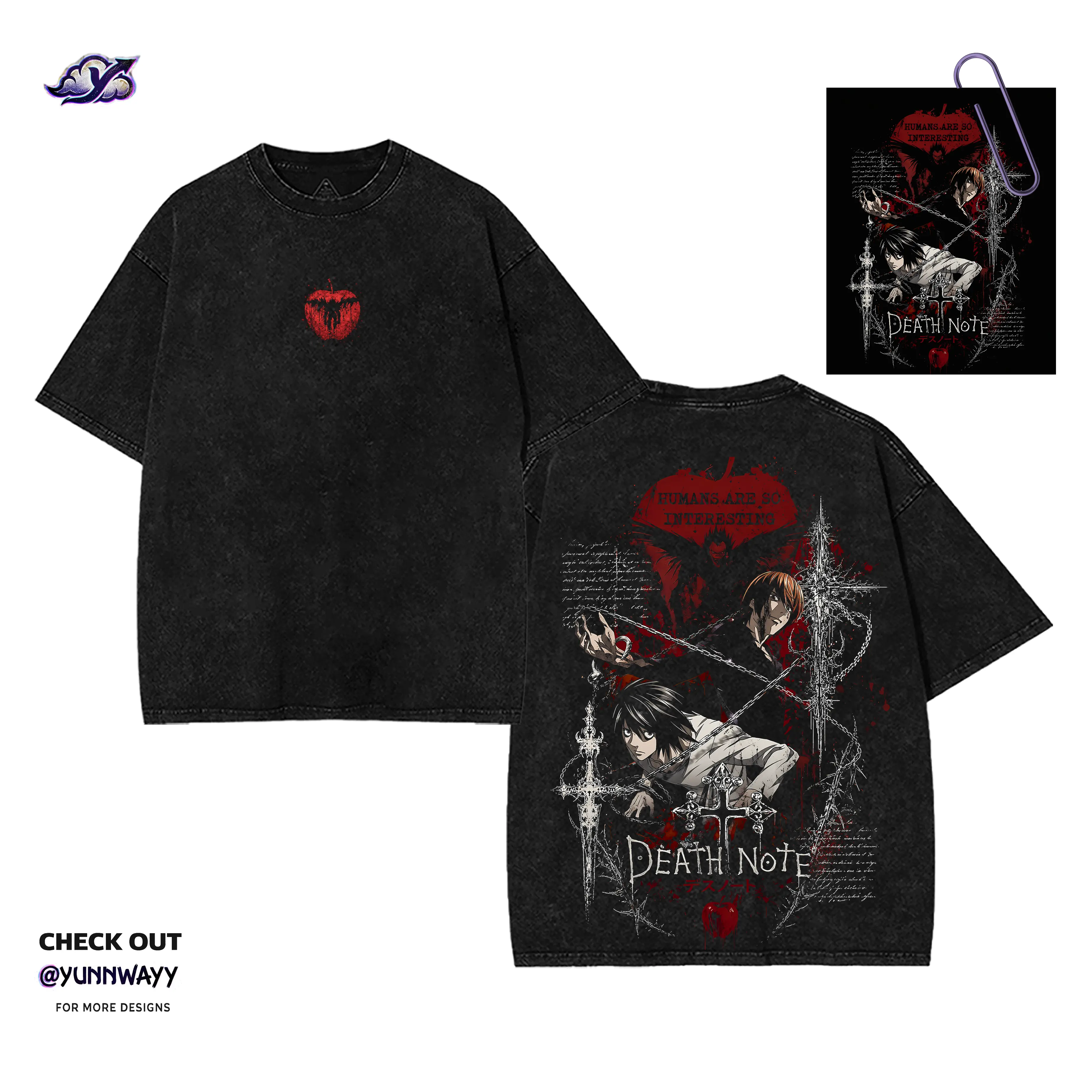 Men's Retro Gothic Death Note Anime Graphic Short-Sleeve T-Shirt, Otaku Fans Heavy Cotton Acid Wash Loose-Fit Christmas Streetwear Gift Fabric Anime Clothes