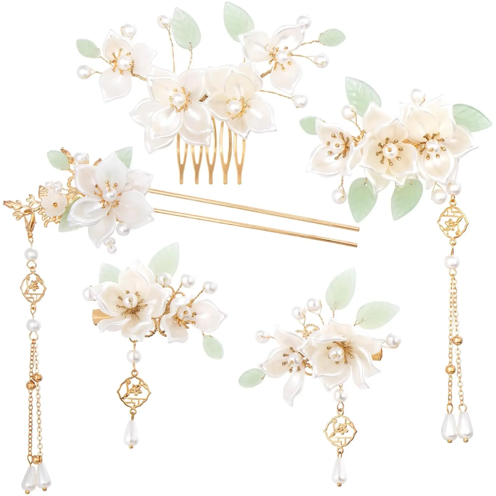5PCS Camellia Flower Tassels Hairpin headwear , Crystal Rhinestone Pearl Hair Clips Headpiece Retro Chinese Hanfu Wedding Brides Hair Accessories  Jewelry for Women Girls Updo Long Hair