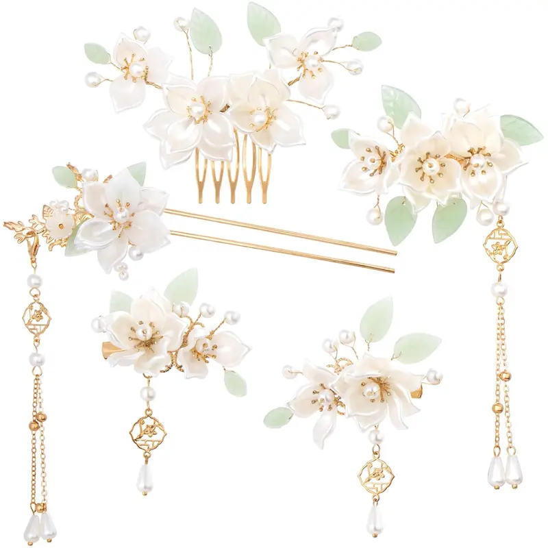 5PCS Camellia Flower Tassels Hairpin headwear , Crystal Rhinestone Pearl Hair Clips Headpiece Retro Chinese Hanfu Wedding Brides Hair Accessories  Jewelry for Women Girls Updo Long Hair