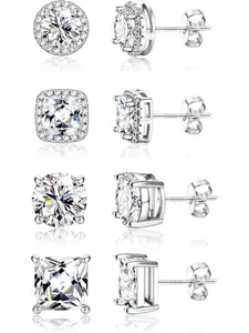 Stud Earrings for Women Men - 925 Sterling Silver Earrings for Sensitive Ears - 6/8/10mm Cubic Zirconia Earrings Studs-18K Gold Plated Simulated Diamond CZ Halo Earrings 2/4Pairs Square Stud Earrings Stud Earring Jewelry