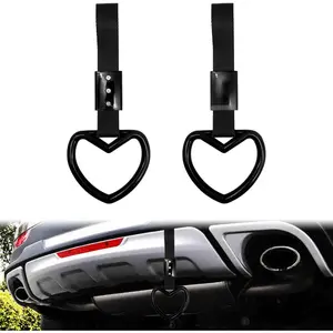 2 Pieces Rear Bumper Warning Decor Rings Heart Shaped Car Handle Straps Subway Bus Replace Handle Interior Exterior Decoration (Black)