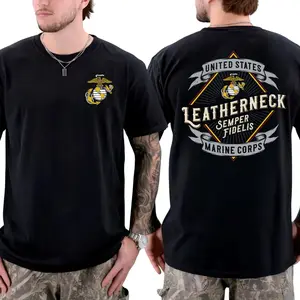 USMC Leatherneck Semper Fidelis Marine Corps T-Shirt, Military Style Graphic Tee with Eagle Globe Anchor Emblem, Classic Cotton Fabric for Veterans and Patriotic Americans