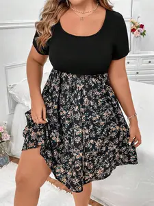 Elegant Floral Round Neck Short Sleeve Dress for Plus Size Women, Perfect for Vacation and Casual Wear, Comfortable and Stylish