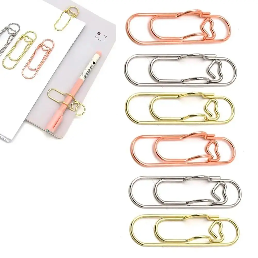 6/12/24/36PCS 3 Colors Heart Pen Clip Metal Pencil Clips Multifunctional Rose Gold Silver Carbon Steel Paperclip, Multifunction Portable Paperclip Pen Pencil Holders for Office School Supplies Stationery Office Supplies