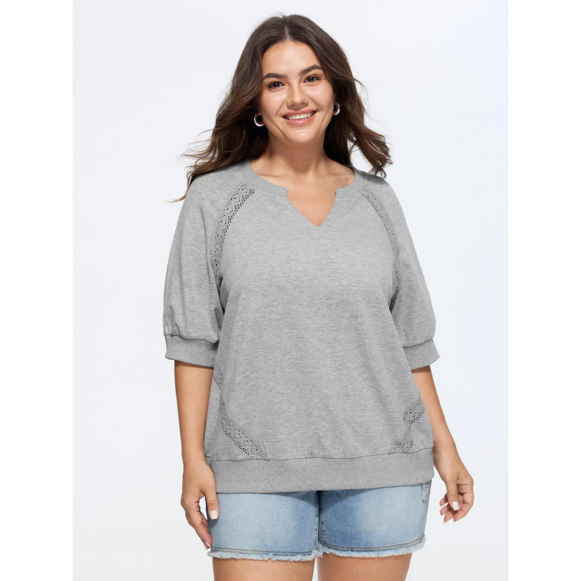 BloomChic Plus Size Supersoft Lace Trim Sweatshirt, Solid Leisure Top with Drop Shoulder Short Lantern Sleeves, Hoodie, Spandex, Fabric, Garment, Casual, Tops, Fit, Light, Shortsleeve