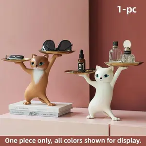 Resin Cartoon Dancing Cat Collectible Statue with Dual Layer Metal Tray, Animal Shape Key Organizer, Home Decor for Desk, Bedroom, Office, Gift