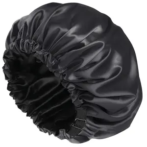 Shower Caps, Silk Lined Shower Cap for Women,Reusable,Adjustable Size, Washable & Waterproof,Large Satin Shower Cap-Black