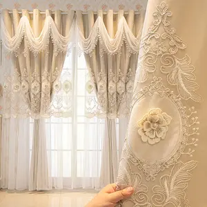 1pc European Style Double Layer Full Light Blocking Curtains, Embroidered Lace Top, Polyester Fiber Bottom, Ideal for Living Room and Bedroom Decor, Home Decoration Curtain