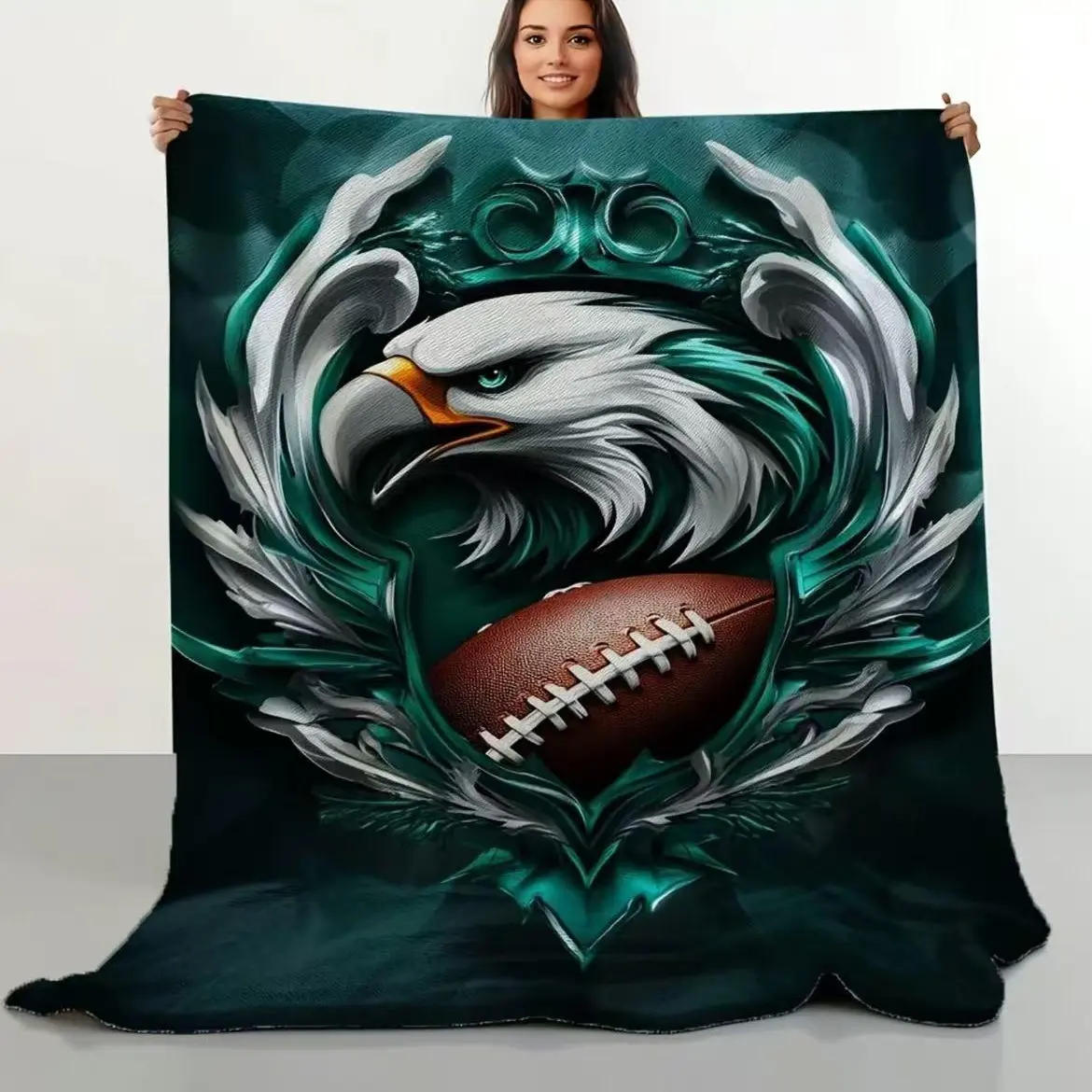 Retro Eagle Football Logo Printed Flannel Furry Blanket - Flannel Fabric, Printed Pattern, Ultra-Softness, Unisex All Seasons Item, Vibrant Sports Design, Ideal Birthday Gift for Enthusiasts