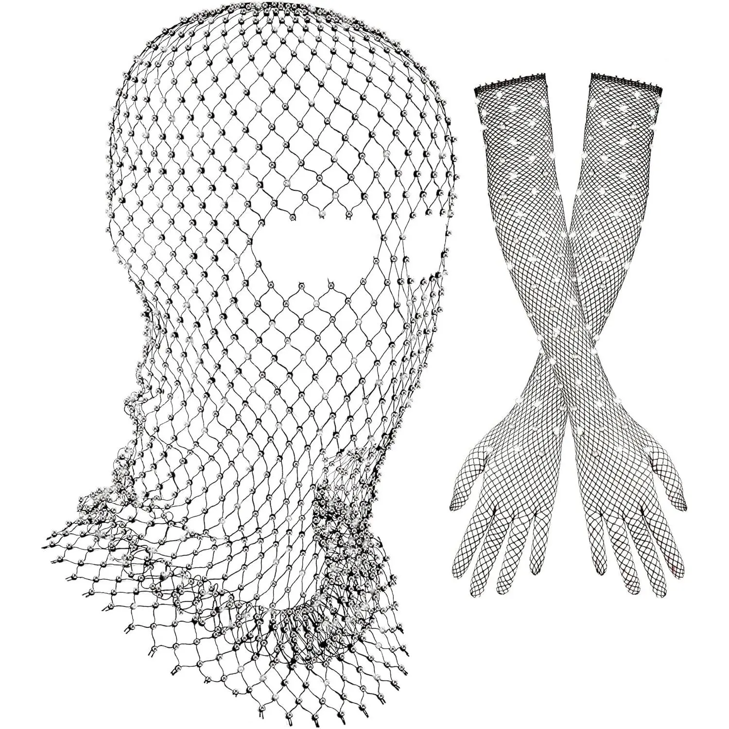 Women's 2-Pack Halloween Shiny Crystal Mesh Body Chain Set with Fishnet Long Gloves, Rhinestone Glitter Breathable Headwear Mask - Fashion Accessories, Party Props, Holiday Gift, Girlfriend, Birthday