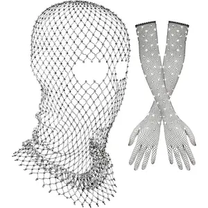2 Pack Halloween Crystal Mesh Body Chain with Fishnet Long Gloves Rhinestone Glitter Breathable Headwear for Women