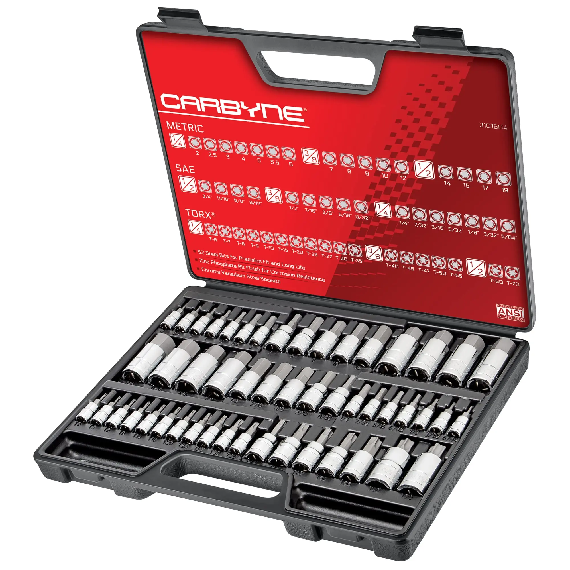 CARBYNE 50 Piece Master Torx, SAE & Metric Hex Bit (Allen) Socket Set | S2 Steel Bits, Cr-V Steel Sockets, Durable Storage Case. Torx: T-6 to T-70, Metric Hex: 2mm to 19mm, SAE Hex: 5/64” to 3/4".