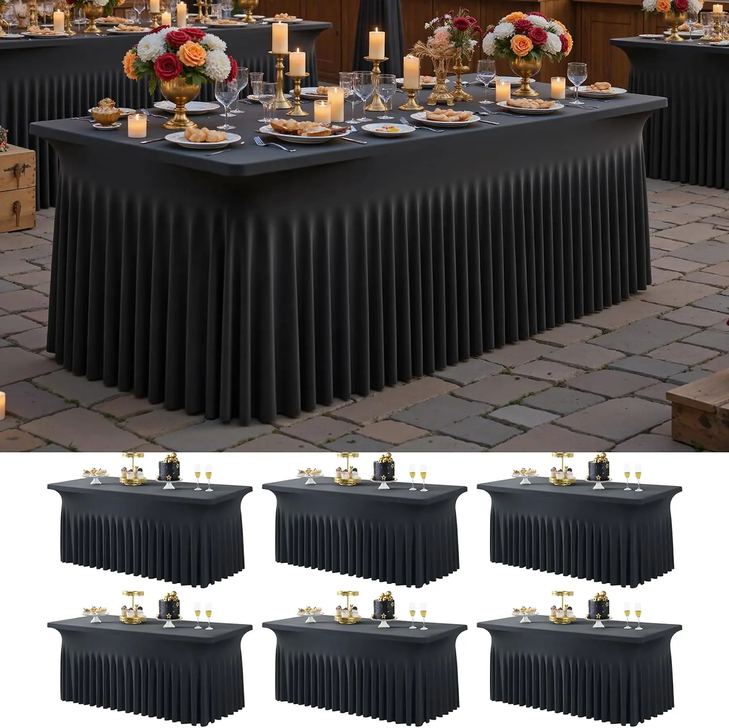 6-Pack Black Spandex Tablecloth with Skirt, Wrinkle Free Fitted Table Cover for 6/8 Foot Rectangular Tables, Stretchy Table Clothes for Parties, Weddings, Trade Shows & Events, Classic, Elasticity