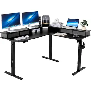 VEVOR L Shaped Standing Desk with Wheels, 63x 55 inch 3-Level Height Adjustable Electric Corner Standing Desk with Power Outlet, Heavy Duty Carbon Steel Sit Stand Computer Table, Easy to AssembleVEVOR Super Brand Day