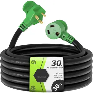 30 Amp 30  RV Power Extension Cord with Easy Plug-in Handle, TT-30P to TT-30R, LED , 10 AWG, ETL Listed