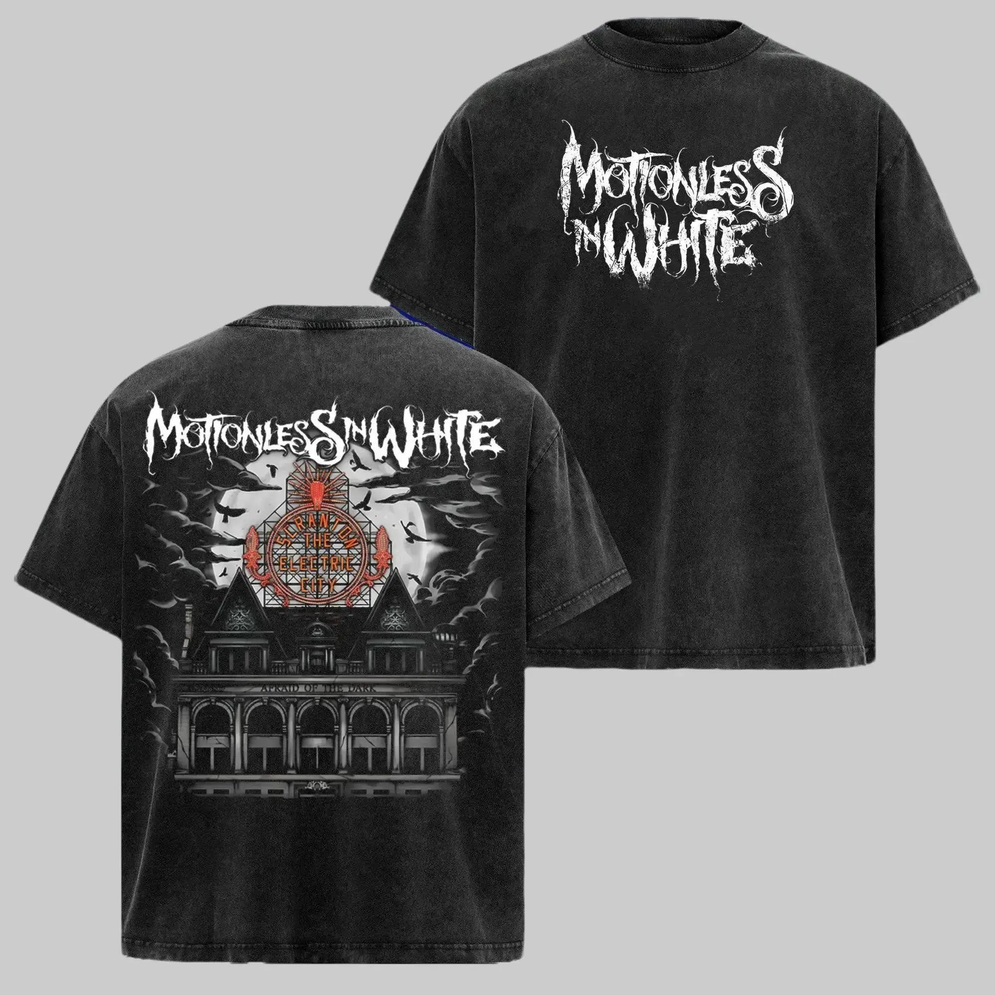 Retro Motionless In White Afraid Of The Dark Washde Tee & Hoodie , MIW Shirt , alternative band merch, trending t-shirt, Hoodie, 90s graphic tee, vintage graphic tee, grunge aesthetic shirt, classic rock merch Menswear Streetwear Long Sleeve