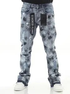 Stylo Hand Painted Stacked Flare Jeans with Paint-Splatter Wash & Stacked Flare Design for Modern Streetwear Below The Ankle