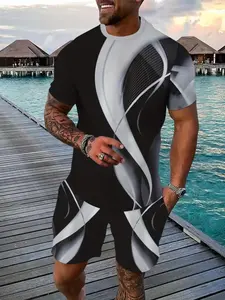 Men's Casual Fashion Set Includes Short Sleeve & Shorts, Background Curve Pattern, Matching Color Patchwork, Travel Holiday Wear