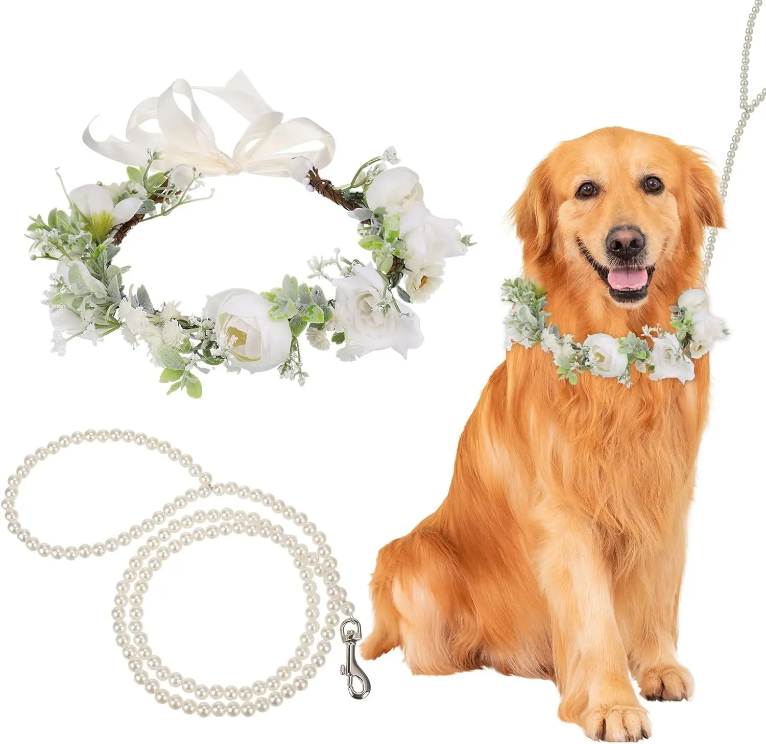 Dog Wedding Flower Collar with Pearls Beaded Leash,Elegant Dog Flower Headband,Dogs Wedding Attire Wreath Bow,Pet Photo Prop (Large)