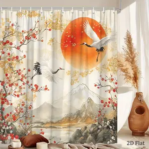 Chinese style crane and mountain scenery pattern forest shower curtain design, polyester fabric, windows and walls, bathtub, bathroom home decoration shower curtain, four season universal shower curtain, bathroom decoration curtain, with 12 hooks