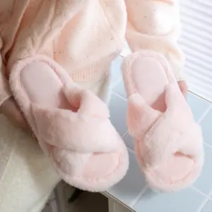 XIXITIAO Women's Plush Print Soft Cross Strap Fluffy Slippers Casual Comfortable Warm Non Slip Slides Home Footwear for Daily Wear Indoor Outdoor Walking Shoes
