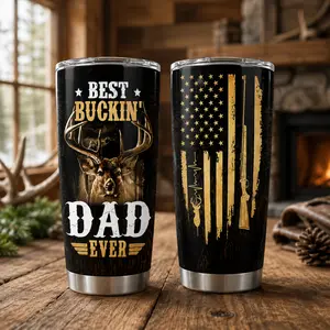 Tumbler Best Buckin Dad Ever, Deer Hunter Gift For Dad, Hunting Lover Travel Cup, American Flag Buck Design, Father's Day Gift