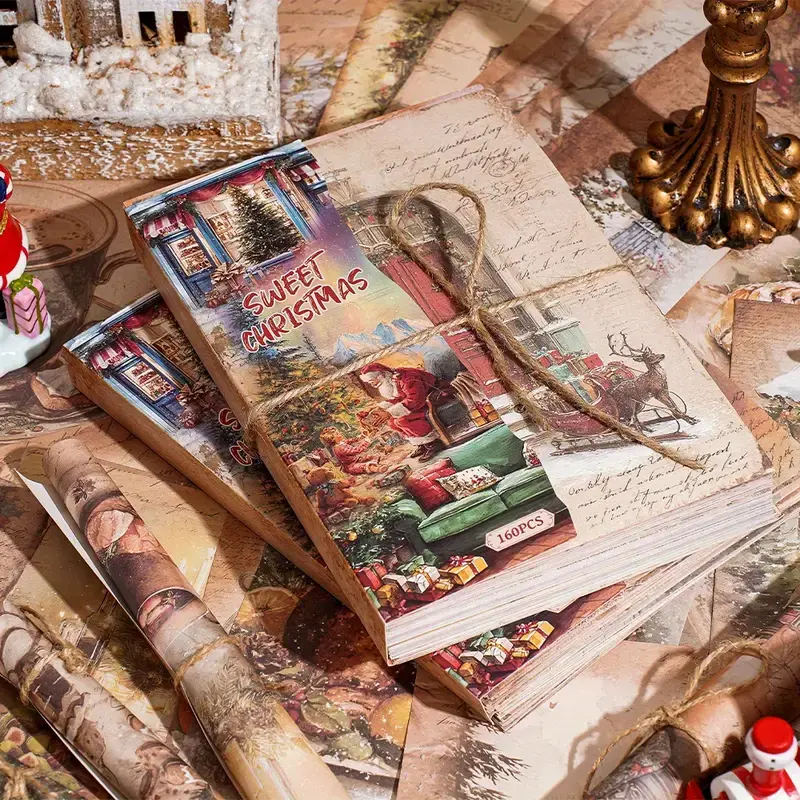 160 Sheets Christmas Scrapbook Paper Set Vintage Holiday Craft Paper with 160 Non-Sticky Large Sheets 160 Patterns Snowflakes Trees Gingerbread Houses Thick Decorative Background Material for DIY Journals Planners Gift Wrapping Winter Scrapbooking