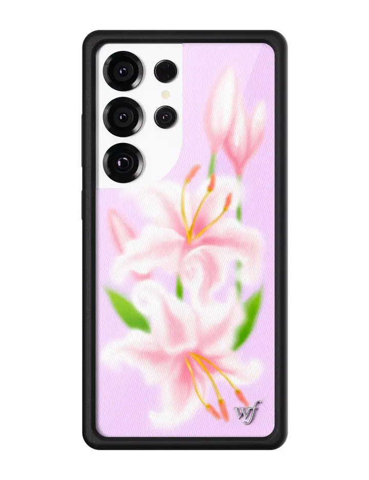 Sweet Lily | Limited Edition Trendy Samsung Galaxy Case | Raised Protective Black Bumper | Women Owned Small Business | Pink Background Vibrant Pink and White Lily Green Leaves | Safety Casing Protective | Gift for Her