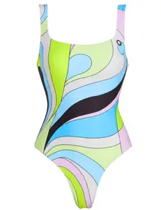 PRE-ORDER-St. Barths La Robe Carmella Square Neck One Piece Swimsuit in Blue Green Retro Swirl
