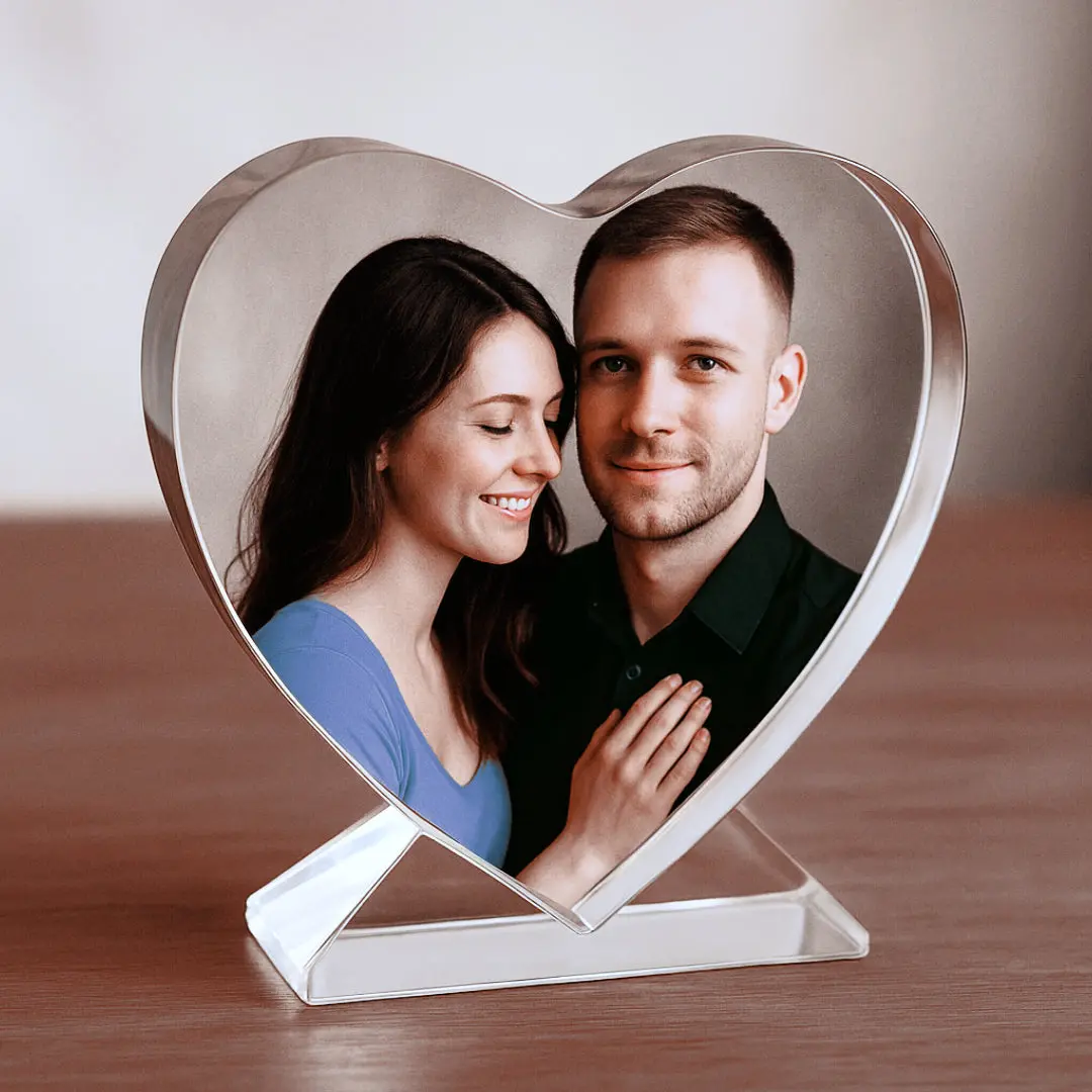 Custom Heart-Shaped Glass Photo Block with Glass Base Custom Heart-Shaped Glass Photo Block with Glass Base