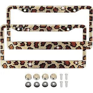 Leopard License Plate Frame 2 Pcs, Stylish Handcraft Rhinestone Diamond & Aluminum Chrome Body, Standard Durable Bling License Plate Frames Covers for Women, 4 Crystal Caps with Screw