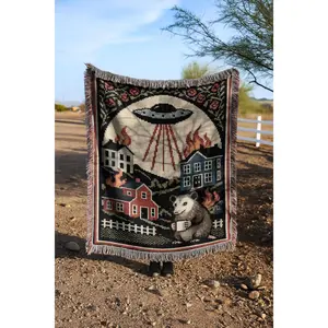 UFO Invasion Blanket | Chaotic Bohemian Western Woven Tapestry | Alien Opossum Country Throw Blanket