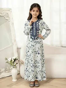 Girls Muslim Style Modesty Long Robe Dress, Floral Print + Embroidered Front, Long Sleeve Comfortable Breathable, Perfect for Daily Home Gatherings