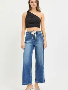 RISEN Elastic Band High Rise Cropped Wide Jeans