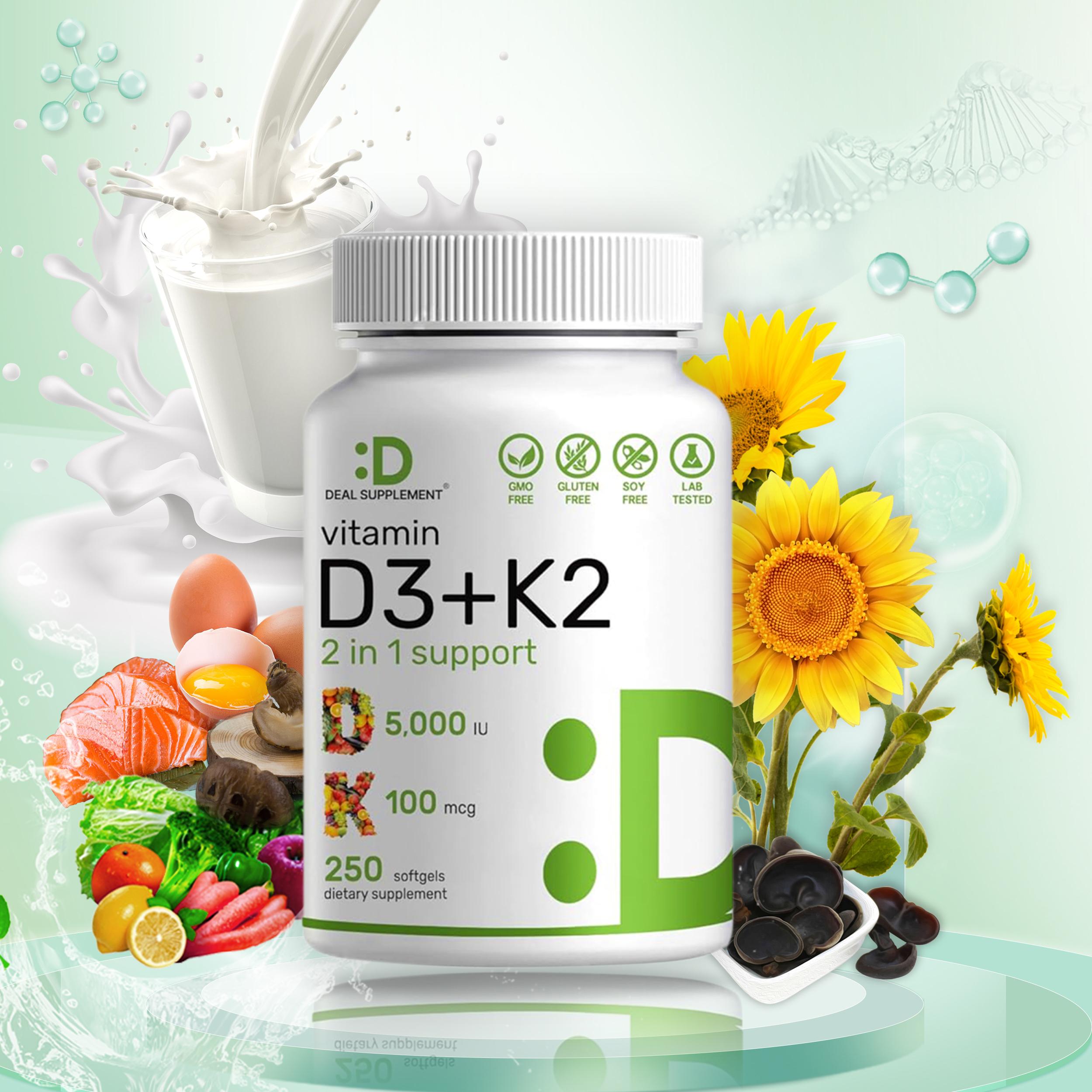 Deal Supplement Vitamin D3 & K2 250 Veggie Softgels 5000 IU D3 100mcg K2 MK7 Supports Healthy Bones Teeth Heart & Immune