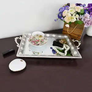 Elegant Silvery Metal Vanity Tray with Decorative Mirror and Handles - 18.5"x11.42" Rectangle Organizer for Perfume, Jewelry & Home Storage, Storage & Organization for Home & Garage Plates Multicolor