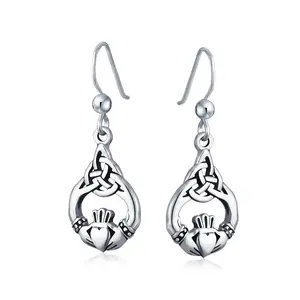 Friendship Love Symbol Celtic Claddagh Heart Dangle Earrings Oxidized .925 Sterling Silver