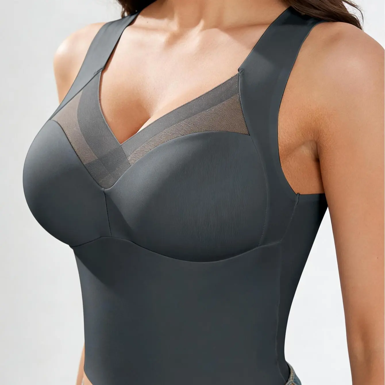 EssElegance Women's Seamless Wireless Longline Bra Bralette Crop Top Plunging V-Neck with Mesh Insert Padded Pullover Wide Straps Smoothing Comfort Invisible Everyday Lounge Sleep Bra Tank top Camisole Support T-Shirt Bra