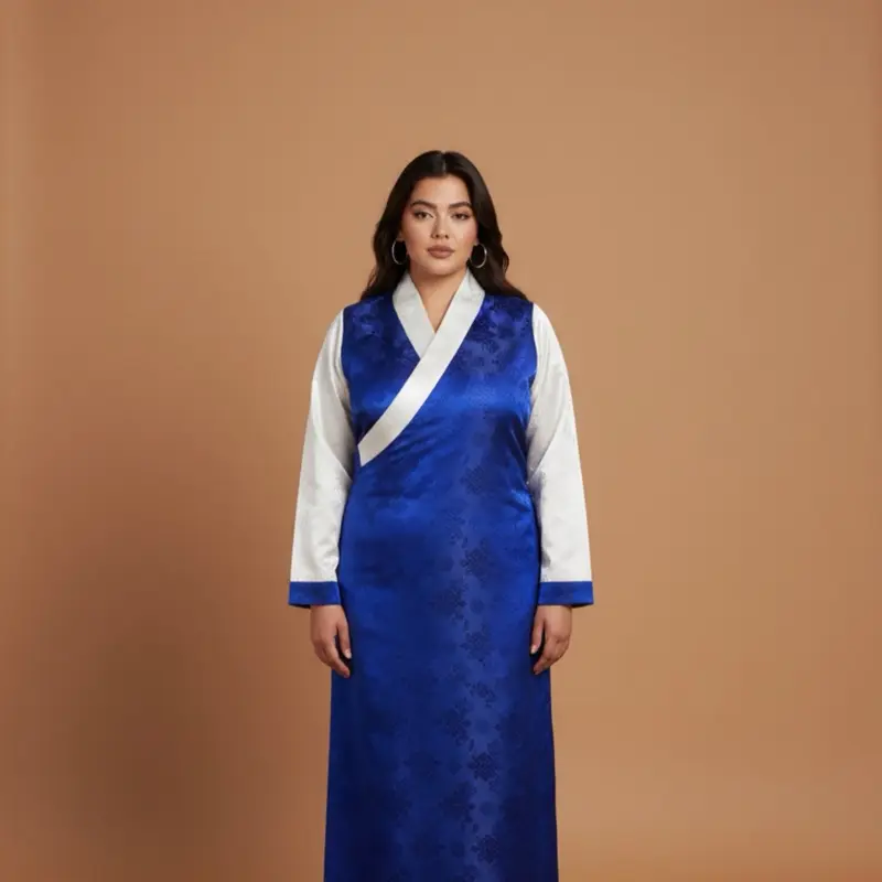 Chupa Blue Brocade Robe with White Trim - Elegant Long Dress for Women