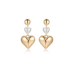 Ettika Pearl Heart Dangle Earrings 18kt Gold Plated Rhodium on Steel 2.95" Statement Design Elegant Sophisticated for Adults