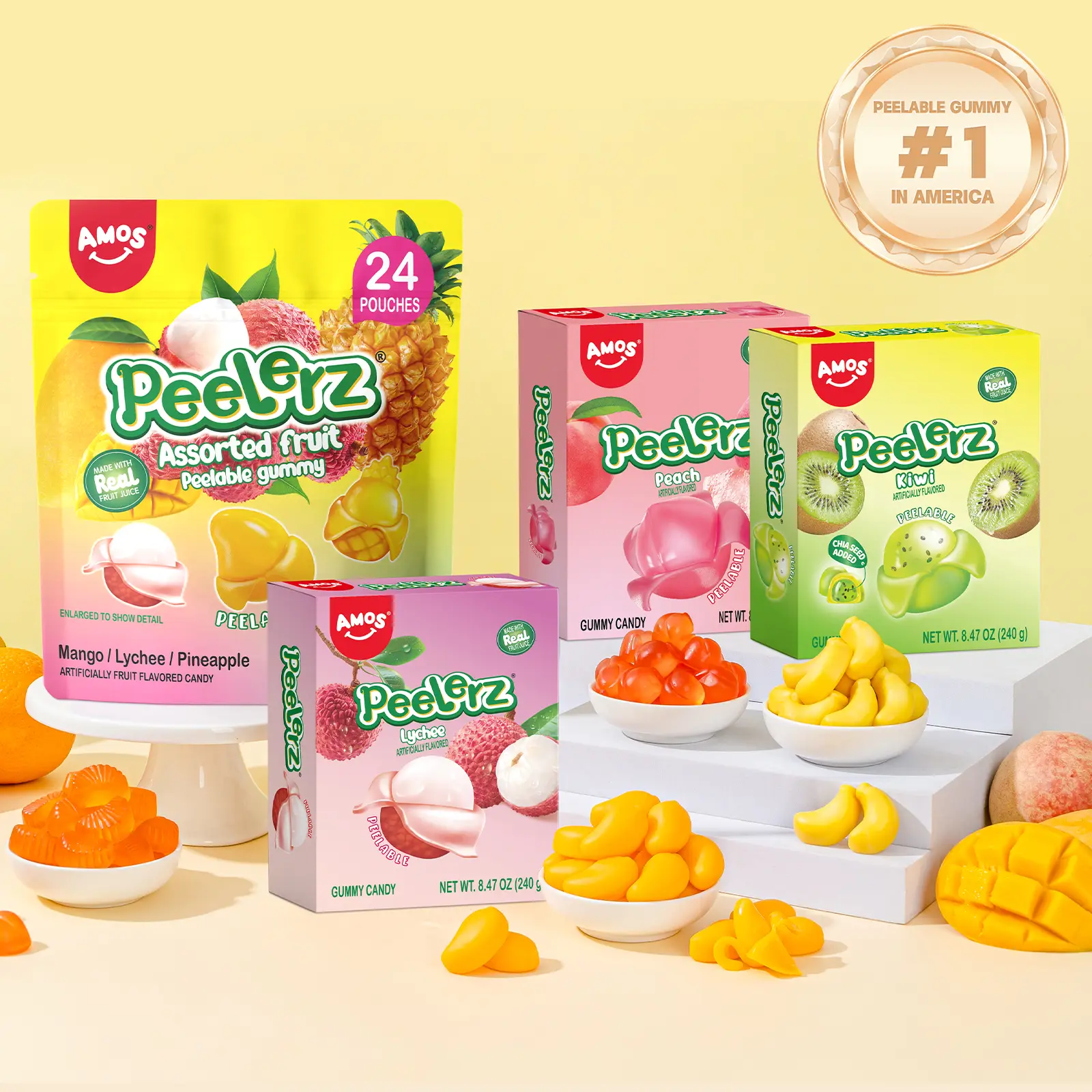 Amos Peelerz Assorted Gummy BUY 1 Get 2 Free Peelable Fruit Gummies with Hawaiian Flavors: Mango, Lychee, Pineapple, 24 Shareable Packs , Perfect Cand